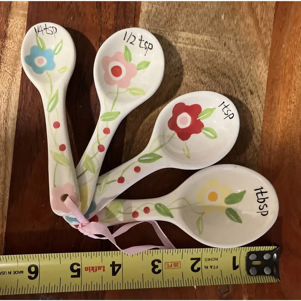 Glazed Ceramic Measuring Spoons Hand Painted Floral Set Of Four 1/4, 1/2, 1t, 1T
